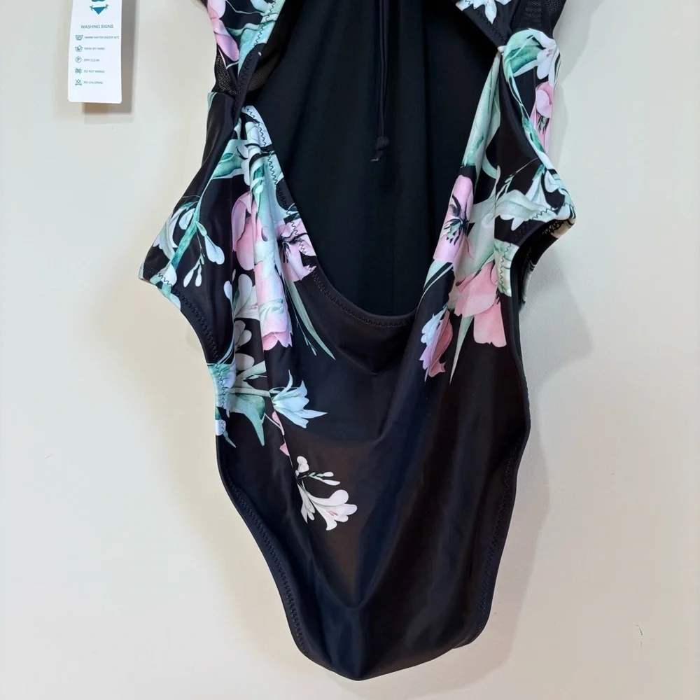 beachsissi Mesh waist adjustable strap pink blue floral black One Piece Swimwear